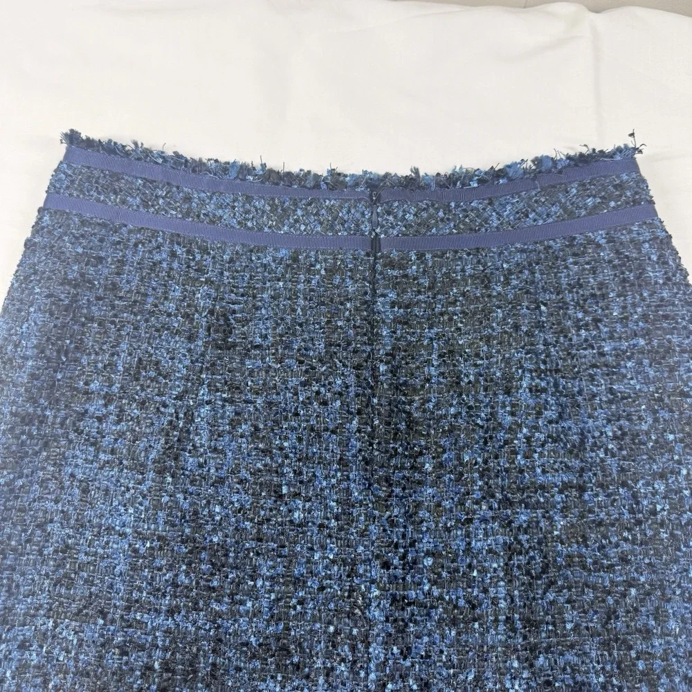 J. Mclaughlin Boucle Lined‎ Pencil Skirt 4 Midnight Blue Fringe Tweed Career